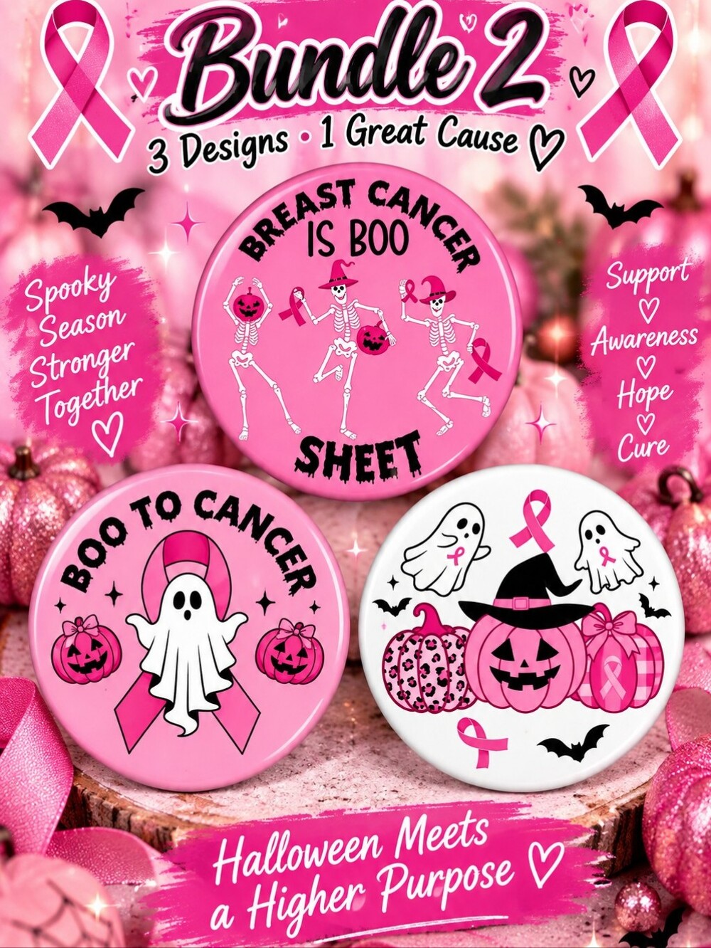 Breast Cancer Awareness Halloween Pin Bundle - Pink Ghost & Pumpkin Designs